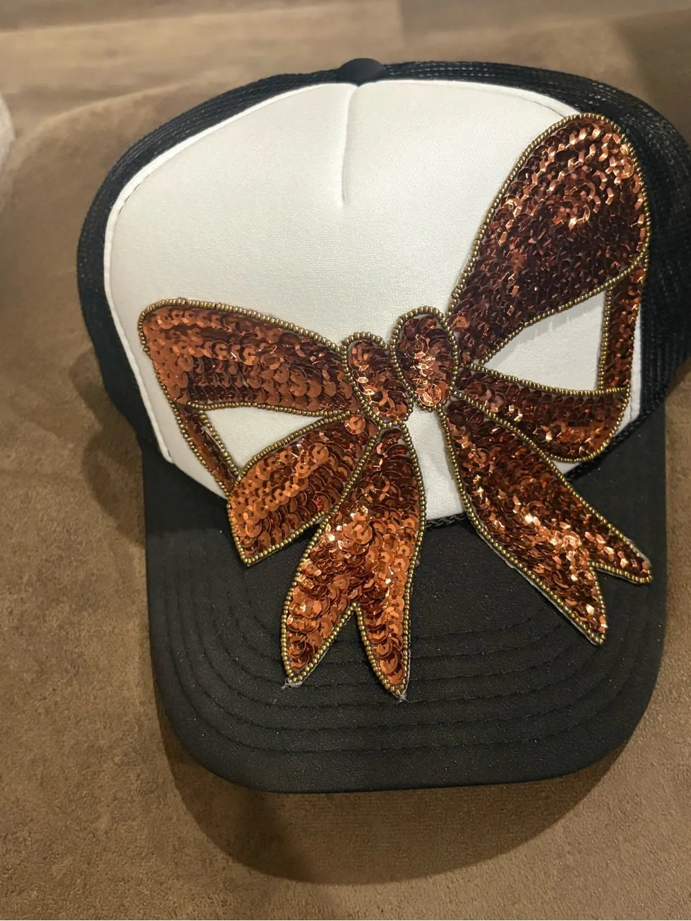 Women’s Sequin Bow Trucker Hat - Black and White
